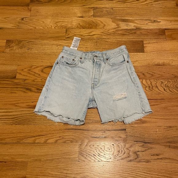 Light Blue Distressed long 501 Denim Shorts - Picture 1 of 1